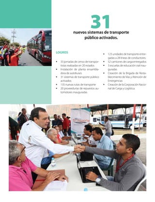31nuevos sistemas de transporte
público activados.
LOGROS
•	 33 jornadas de censo de transpor-
tistas realizadas en 20 estados
•	 Instalación de planta ensambla-
dora de autobuses
•	 31 sistemas de transporte público
activados
•	 135 nuevas rutas de transporte
•	 20 proveedurías de repuestos au-
tomotores inauguradas
•	 123 unidades de transporte entre-
gadas a 28 líneas de conductores
•	 52 camiones de carga entregados
•	 3 escuelas de educación vial inau-
guradas
•	 Creación de la Brigada de Resta-
blecimiento de Vías y Atención de
Emergencias
•	 Creación de la Corporación Nacio-
nal de Carga y Logística.
 