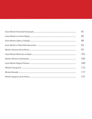 Gran Misión Vivienda Venezuela ......................................................................................	 81
Gran Misión en Amor Mayor .............................................................................................	 85
Gran Misión Saber y Trabajo .............................................................................................	 89
Gran Misión a Toda Vida Venezuela .................................................................................	 93
Misión Jóvenes de la Patria ...............................................................................................	 97
Gran Misión Eficiencia o Nada ..........................................................................................	 101	
Misión Eléctrica Venezuela ................................................................................................	 105
Gran Misión Negro Primero ...............................................................................................	 109
Misión Transporte ...............................................................................................................	 113
Misión Nevado .....................................................................................................................	 117
Misión Hogares de la Patria ...............................................................................................	 121
 