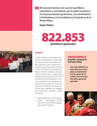 LOGROS
La Misión Ribas ha favorecido la for-
mación de brigadas de construcción
socialista que han trascendido el ám-
bito educativo para incorporarse a
proyectos para el desarrollo nacional.
Cuenta con ambientes educativos en
todo el territorio nacional, incluidos
centros penitenciarios, poblaciones
indígenas, guarniciones de la Fuerza
Armada Nacional Bolivariana, así co-
mo instalaciones para personas con
requerimientos especiales. Destacan
además los ambientes de Ribas Téc-
nica en gas y petróleo, las brigadas
de construcción socialista y Ribas
Productiva.
•	 Hasta la fecha van 1.632.726 per-
sonas matriculadas, 125.582
alumnos en aula, 822.853 gradua-
dos y 65.471 becados.
ANAHÍSMORILLO
Bachiller integral de
la Misión Ribas
Para salir adelante no
hace falta que te den
plata, lo importante
son las ganas de es-
tudiar y eso es lo que
me sobra, ganas de
aprender.
Mi reconocimiento a los nuevos bachilleres,
vencedores y vencedoras, por la patria socialista y
mi reconocimiento, igualmente, a los facilitadores
y facilitadoras, a los fundadores y fundadoras de la
Misión Ribas.
Hugo Chávez
822.853bachilleres graduados.
 