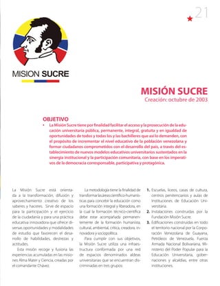 21
MISIÓN SUCRE
Creación: octubre de 2003
La Misión Sucre está orienta-
da a la transformación, difusión y
aprovechamiento creativo de los
saberes y haceres. Sirve de espacio
para la participación y el ejercicio
de la ciudadanía y para una práctica
educativa innovadora que ofrece di-
versas oportunidades y modalidades
de estudio que favorecen el desa-
rrollo de habilidades, destrezas y
actitudes.
Esta misión recoge y fusiona las
experiencias acumuladas en las misio-
nes Alma Mater y Ciencia, creadas por
el comandante Chávez.
La metodología tiene la finalidad de
transformarlasáreascientífico-humanís-
ticas para concebir la educación como
una formación integral y liberadora, en
la cual la formación técnico-científica
debe estar acompañada permanen-
temente de la formación humanista,
cultural, ambiental, crítica, creadora, in-
novadora y sociopolítica.
Para cumplir con sus objetivos,
la Misión Sucre utiliza una infraes-
tructura conformada por una red
de espacios denominados aldeas
universitarias que se encuentran dis-
criminadas en tres grupos:
OBJETIVO
•	 LaMisiónSucretieneporfinalidadfacilitarelaccesoylaprosecucióndelaedu-
cación universitaria pública, permanente, integral, gratuita y en igualdad de
oportunidades de todos y todas los y las bachilleres que así lo demanden, con
el propósito de incrementar el nivel educativo de la población venezolana y
formar ciudadanos comprometidos con el desarrollo del país, a través del es-
tablecimiento de nuevos modelos educativos universitarios sustentados en la
sinergia institucional y la participación comunitaria, con base en los imperati-
vos de la democracia corresponsable, participativa y protagónica.
1. Escuelas, liceos, casas de cultura,
centros penitenciarios y aulas de
Instituciones de Educación Uni-
versitaria.
2. Instalaciones construidas por la
Fundación Misión Sucre.
3. Edificaciones construidas en todo
el territorio nacional por la Corpo-
ración Venezolana de Guayana,
Petróleos de Venezuela, Fuerza
Armada Nacional Bolivariana, Mi-
nisterio del Poder Popular para la
Educación Universitaria, gober-
naciones y alcaldías, entre otras
instituciones.
 