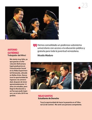 23
Hemos consolidado un poderoso subsistema
universitario con acceso a la educación pública y
gratuita para toda la juventud venezolana.
Nicolás Maduro
ANTONIO
GUTIÉRREZ
Trabajador del Minci
Me siento muy feliz, ya
que gracias a la Re-
volución Bolivariana
logré graduarme en
Comunicación Social
en la Aldea Experimen-
tal Venezuela, ubicada
en Bellas Artes. Nunca
tuve la oportunidad de
ingresar a la universi-
dad, después de tener
aproximadamente 14
años sin estudiar, pero
llegó la Revolución y
así fue que pude ingre-
sar y en el año 2010 me
gradué. NELIOSANTOS
Estudiante de Derecho
Tuve la oportunidad de hacer la pasantía en el Tribu-
nal 22 de Control. Me sentí una persona competente.
 