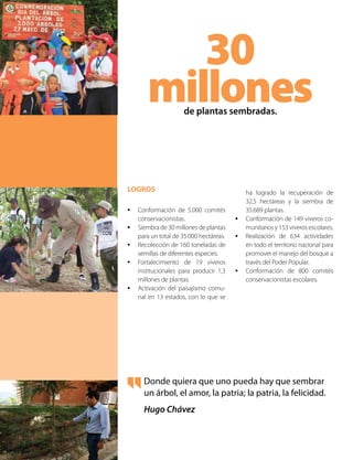 LOGROS
•	 Conformación de 5.000 comités
conservacionistas.
•	 Siembra de 30 millones de plantas
para un total de 35.000 hectáreas.
•	 Recolección de 160 toneladas de
semillas de diferentes especies.
•	 Fortalecimiento de 19 viveros
institucionales para producir 1,3
millones de plantas.
•	 Activación del paisajismo comu-
nal en 13 estados, con lo que se
ha logrado la recuperación de
32,5 hectáreas y la siembra de
35.689 plantas.
•	 Conformación de 149 viveros co-
munitarios y 153 viveros escolares.
•	 Realización de 634 actividades
en todo el territorio nacional para
promover el manejo del bosque a
través del Poder Popular.
•	 Conformación de 800 comités
conservacionistas escolares.
30
millonesde plantas sembradas.
Donde quiera que uno pueda hay que sembrar
un árbol, el amor, la patria; la patria, la felicidad.
Hugo Chávez
 