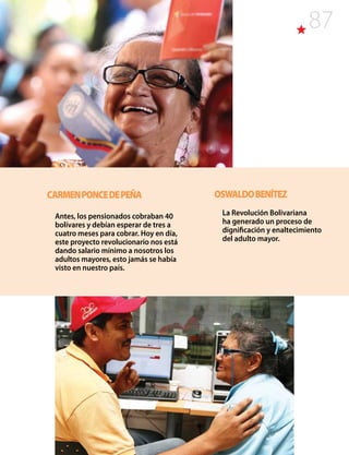 87
CARMENPONCEDEPEÑA
Antes, los pensionados cobraban 40
bolívares y debían esperar de tres a
cuatro meses para cobrar. Hoy en día,
este proyecto revolucionario nos está
dando salario mínimo a nosotros los
adultos mayores, esto jamás se había
visto en nuestro país.
OSWALDOBENÍTEZ
La Revolución Bolivariana
ha generado un proceso de
dignificación y enaltecimiento
del adulto mayor.
 