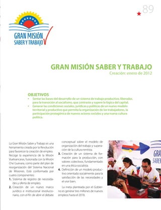 89
GRAN MISIÓN SABER Y TRABAJO
Creación: enero de 2012
OBJETIVOS
•	 Sentar las bases del desarrollo de un sistema de trabajo productivo, liberador,
para la transición al socialismo, que contraste y supere la lógica del capital.
•	 Generar las condiciones sociales, jurídicas y políticas de un nuevo modelo
territorial y productivo que permita la organización de los trabajadores, la
participación protagónica de nuevos actores sociales y una nueva cultura
política.
La Gran Misión Saber y Trabajo es una
herramienta creada por la Revolución
para favorecer la creación de empleo.
Recoge la experiencia de la Misión
Vuelvancaras, fusionada con la Misión
Che Guevara, como parte del plan de
reorganización del Sistema Nacional
de Misiones. Está conformada por
cuatro componentes:
1.Sistema de registro de necesida-
des y oferta de empleo.
2. Creación de un nuevo marco
jurídico e institucional revolucio-
nario, con el fin de abrir el debate
conceptual sobre el modelo de
organización del trabajo y supera-
ción de la cultura rentista.
3. Creación de un sistema de for-
mación para la producción, con
valores colectivos, fundamentado
en una ética socialista.
4. Definición de un modelo produc-
tivo orientado socialmente para la
satisfacción de las necesidades y
el vivir bien.
La meta planteada por el Gobier-
no es generar tres millones de nuevos
empleos hasta el 2018.
 