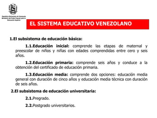 EL SISTEMA EDUCATIVO VENEZOLANO 1.El subsistema de educación básica: 1.1.Educación inicial:  comprende las etapas de maternal y preescolar de niños y niñas con edades comprendidas entre cero y seis años. 1.2.Educación primaria:  comprende seis años y conduce a la obtención del certificado de educación primaria. 1.3.Educación media:  comprende dos opciones: educación media general con duración de cinco años y educación media técnica con duración de seis años. 2.El subsistema de educación universitaria: 2.1. Pregrado. 2.2. Postgrado universitarios. 