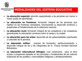 MODALIDADES DEL SISTEMA EDUCATIVO La educación especial:  atención especializada a las personas con menor o mayor grado de aprendizaje. La educación en fronteras:  formación integral de las personas que habitan en las fronteras venezolana, favoreciendo su desarrollo armónico y propiciando el fortalecimiento de la soberanía nacional. La educación rural:  formación integral de los ciudadanos y las ciudadanas garantizando la articulación armónica entre el campo y la ciudad. La educación para las artes:  desarrollo de las potencialidades espirituales y culturales de la persona.  La educación militar:  proceso de formación, perfeccionamiento y desarrollo integral de los y las integrantes de la  Fuerza Armada Nacional Bolivariana. La educación intercultural bilingüe:  crea condiciones  para el libre acceso a programas basados en los principios y fundamentos de las culturas originarias de los pueblos y comunidades indígenas y afrodescendientes. 