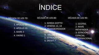 ÍNDICE
• DÉCADA DE LOS 70:
1. APOLLO 11
2. APOLLO 13
3. MARS 3
4. VIKING 1
DÉCADA DE LOS 80:
1. SONDA GIOTTO
2. VENERA 13, 14
3. TRANSBORDADOR
COLUMBIA
4. ARIANE 1
5. ESTACIÓN MIR
6. SALIUT 7
DÉCADA DE LOS 90:
1. GEOTAIL
2. MARS
PATHFINDER
3. ESTACIÓN
ESPACIAL
INTERNACIONAL
