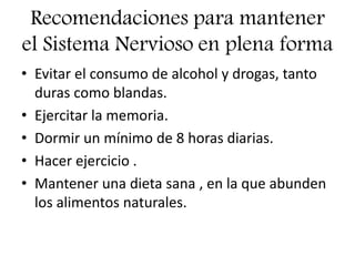 Recomendaciones para mantener
el Sistema Nervioso en plena forma
• Evitar el consumo de alcohol y drogas, tanto
duras como blandas.
• Ejercitar la memoria.
• Dormir un mínimo de 8 horas diarias.
• Hacer ejercicio .
• Mantener una dieta sana , en la que abunden
los alimentos naturales.
 