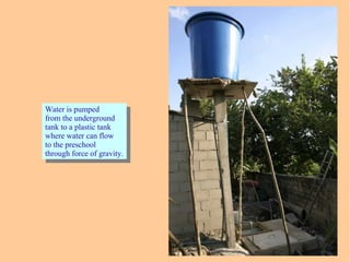 Water is pumped
from the underground
tank to a plastic tank
where water can flow
to the preschool
through force of gravity.
Water is pumped
from the underground
tank to a plastic tank
where water can flow
to the preschool
through force of gravity.
 