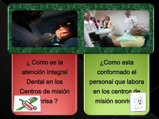 ¿ Como es la
atención Integral
Dental en los
Centros de misión
Sonrisa ?
¿Como esta
conformado el
personal que labora
en los centros de
misión sonrisa?
 