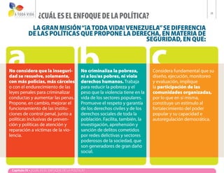 ¿CUÁL ES EL ENFOQUE DE LA POLÍTICA?
                                                                                                             28




             La Gran Misión “¡A TODA VIDA! Venezuela” se diferencia
            de las políticas que propone la derecha, en materia de



a                                            b                                     c
                                                seguridad, en que:



No considera que la inseguri-                  No criminaliza la pobreza,          Considera fundamental que su
dad se resuelve, solamente,                    ni a los/as pobres, ni viola        diseño, ejecución, monitoreo
con más policías, más cárceles                 derechos humanos. Trabaja           y evaluación, implique
o con el endurecimiento de las                 para reducir la pobreza y el        la participación de las
leyes penales para criminalizar                peso que la violencia tiene en la   comunidades organizadas,
conductas y aumentar las penas.                vida de los sectores populares.     por lo que en sí misma,
Propone, en cambio, mejorar el                 Promueve el respeto y garantía      constituye un estímulo al
funcionamiento de las institu-                 de los derechos civiles y de los    fortalecimiento del poder
ciones de control penal, junto a               derechos sociales de toda la        popular y su capacidad e
políticas inclusivas de preven-                población. Facilita, también, la    autoregulación democrática.
ción y políticas de atención y                 investigación, aprehensión y
reparación a víctimas de la vio-               sanción de delitos cometidos
lencia.                                        por redes delictivas y sectores
                                               poderosos de la sociedad, que
                                               son generadores de gran daño
                                               social.


 Capítulo IV • ¿CUÁL ES EL ENFOQUE DE LA POLÍTICA?
 