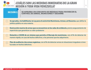 ¿CUÁLES SON LAS MEDIDAS INMEDIATAS DE LA GRAN
                 MISIÓN A TODA VIDA VENEZUELA?
                                                                                                               52




    DECISIÓN 3:            SE APRUEBA UN CONJUNTO DE MEDIDAS PARA FAVORECER EL
                           CONTROL DE ARMAS, MUNICIONES Y DESARME


        Se aprueba, vía habilitante, la Ley para el control de Municiones, Armas y el Desarme, que define la
        política pública en esta materia.

        Destrucción masiva de armas que se encuentran en las salas de evidencia, previo aseguramiento de
        experticias que garanticen su valor probatorio

        Dotación a CAVIM de un sistema que permita el Marcaje de municiones, con el fin de detectar de
        manera rápida, en caso de hechos delictivos, a las personas que las adquirieron.

        Plan de auditoría a las armas orgánicas, con el fin de detectar armas en situaciones irregulares o invo-
        lucradas en hechos delictivos.




Capítulo VIII • MEDIDAS INMEDIATAS
 