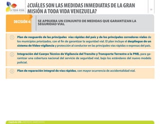 ¿CUÁLES SON LAS MEDIDAS INMEDIATAS DE LA GRAN
                 MISIÓN A TODA VIDA VENEZUELA?
                                                                                                                  53




    DECISIÓN 4:            SE APRUEBA UN CONJUNTO DE MEDIDAS QUE GARANTIZAN LA
                           SEGURIDAD VIAL


        Plan de resguardo de las principales vías rápidas del país y de los principales corredores viales de
        los municipios priorizados, con el fin de garantizar la seguridad vial. El plan incluye el despliegue de un
        sistema de Video-vigilancia y protección al conductor en las principales vías rápidas o expresas del país.

        Integración del Cuerpo Técnico de Vigilancia del Transito y Transporte Terrestre a la PNB, para ga-
        rantizar una cobertura nacional del servicio de seguridad vial, bajo los estándares del nuevo modelo
        policial.

        Plan de reparación integral de vías rápidas, con mayor ocurrencia de accidentalidad vial.




Capítulo VIII • MEDIDAS INMEDIATAS
 