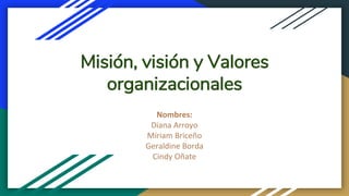 Misión, visión y Valores
organizacionales
Nombres:
Diana Arroyo
Míriam Briceño
Geraldine Borda
Cindy Oñate
 