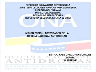REPUBLICA BOLIVARIANA DE VENEZUELA
MINISTERIO DEL PODER POPULAR PARA LA DEFENSA
EJÉRCITO BOLIVARIANO
INSPECTORÍA GENERAL
DIVISIÓN DE INSPECCIONES
INSPECTORIA DELEGADA PARA LA 22 BRINF
MISION, VISION, ACTIVIDADES DE LA
OFICINA NACIONAL ANTIDROGAS
SM1RA. JOSE GREGORIO MORALES
ZAPATA
ID 22BRINF
 