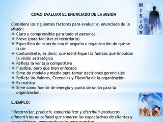 COMO EVALUAR EL ENUNCIADO DE LA MISION

Considere los siguientes factores para evaluar el enunciado de la
Misión:
 Claro y comprensible para todo el personal
 Breve (para facilitar el recordarlo)
 Específico de acuerdo con el negocio u organización de que se
   trate
 Contundente, es decir, que identifique las fuerzas que impulsan
   la visión estratégica
 Refleja la ventaja competitiva
 Flexible, pero que bien enfocada
 Sirve de modelo y medio para tomar decisiones gerenciales
 Refleja los Valores, Creencias y Filosofía de la organización
 Es realista
 Sirve como fuente de energía y punto de unión para la
   organización.

EJEMPLO:

“Desarrollar, producir, comercializar y distribuir productos
alimenticios de calidad que superen las expectativas de clientes y
 