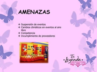 AMENAZAS
 Suspensión de eventos
 Cambios climáticos en eventos al aire
libre
 Competencia
 Incumplimiento de proveedores

 