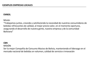 EJEMPLOS EMPRESAS LOCALES


EMBOL

Misión
“Trabajamos juntos, creando y satisfaciendo la necesidad de nuestros consumidores de
bebidas refrescantes de calidad, al mejor precio-valor, en el momento oportuno,
asegurando el desarrollo de nuestra gente, nuestra empresa y de la comunidad
Boliviana”



CBN
MISIÓN
Ser la mejor Compañía de Consumo Masivo de Bolivia, manteniendo el liderazgo en el
mercado nacional de bebidas en volumen, calidad de servicio e innovación
 