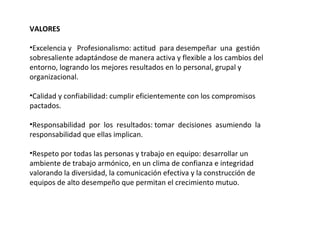 VALORES

•Excelencia y Profesionalismo: actitud para desempeñar una gestión
sobresaliente adaptándose de manera activa y flexible a los cambios del
entorno, logrando los mejores resultados en lo personal, grupal y
organizacional.

•Calidad y confiabilidad: cumplir eficientemente con los compromisos
pactados.

•Responsabilidad por los resultados: tomar decisiones asumiendo la
responsabilidad que ellas implican.

•Respeto por todas las personas y trabajo en equipo: desarrollar un
ambiente de trabajo armónico, en un clima de confianza e integridad
valorando la diversidad, la comunicación efectiva y la construcción de
equipos de alto desempeño que permitan el crecimiento mutuo.
 