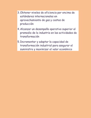 3. Obtener niveles de eficiencia por encima de estándares internacionales en aprovechamiento de gas y costos de producción 4. Alcanzar un desempeño operativo superior al promedio de la industria en las actividades de transformación 5. Incrementar y adaptar la capacidad de transformación industrial para asegurar el suministro y maximizar el valor económico 