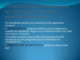 Un estudiante pierde una materia por las siguientes
razones :
 INASISTENCIA: podemos definir como inasistencia
cuando un estudiante llega 10 a 20 minutos tarde a su clase
a la cual se a inscrito.
•Una falla también seria la falta de participación del
estudiante en los programas que se adelantan en
UNIMINUTO.
PERDIDA POR INASISTENCIA: podemos determinar
que
 