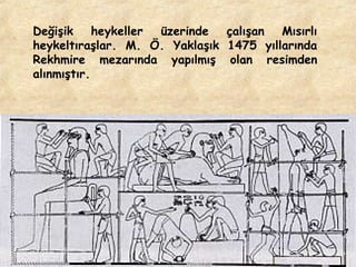 Değişik heykeller üzerinde çalışan
Mısırlı
heykeltıraşlar. M. Ö. Yaklaşık 1475 yıllarında
Rekhmire mezarında yapılmış olan resimden
alınmıştır.

 