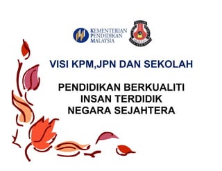 VISI KPM,JPN DAN SEKOLAH
PENDIDIKAN BERKUALITI
INSAN TERDIDIK
NEGARA SEJAHTERA

 