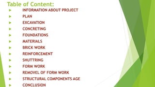Table of Content:
 INFORMATION ABOUT PROJECT
 PLAN
 EXCAVATION
 CONCRETING
 FOUNDATIONS
 MATERIALS
 BRICK WORK
 REINFORCEMENT
 SHUTTRING
 FORM WORK
 REMOVEL OF FORM WORK
 STRUCTURAL COMPONENTS AGE
 CONCLUSION
 