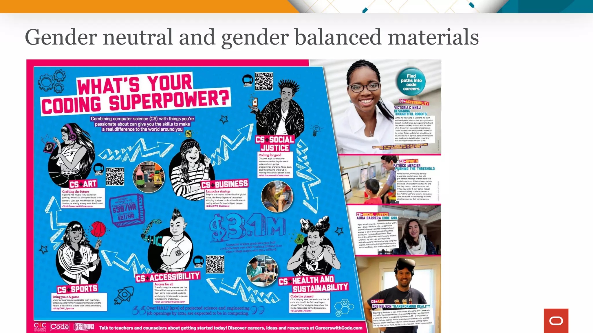 Copyright © 2019 Oracle and/or its affiliates.
Gender neutral and gender balanced materials
 