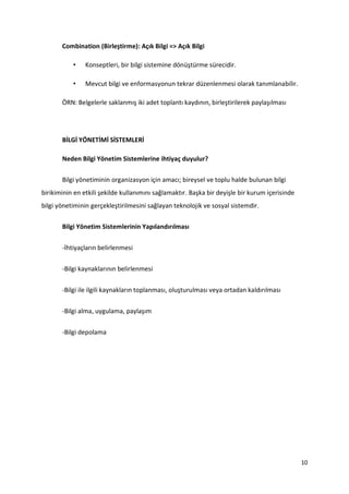 10
Combination (Birleştirme): Açık Bilgi => Açık Bilgi
• Konseptleri, bir bilgi sistemine dönüştürme sürecidir.
• Mevcut bilgi ve enformasyonun tekrar düzenlenmesi olarak tanımlanabilir.
ÖRN: Belgelerle saklanmış iki adet toplantı kaydının, birleştirilerek paylaşılması
BİLGİ YÖNETİMİ SİSTEMLERİ
Neden Bilgi Yönetim Sistemlerine ihtiyaç duyulur?
Bilgi yönetiminin organizasyon için amacı; bireysel ve toplu halde bulunan bilgi
birikiminin en etkili şekilde kullanımını sağlamaktır. Başka bir deyişle bir kurum içerisinde
bilgi yönetiminin gerçekleştirilmesini sağlayan teknolojik ve sosyal sistemdir.
Bilgi Yönetim Sistemlerinin Yapılandırılması
-İhtiyaçların belirlenmesi
-Bilgi kaynaklarının belirlenmesi
-Bilgi ile ilgili kaynakların toplanması, oluşturulması veya ortadan kaldırılması
-Bilgi alma, uygulama, paylaşım
-Bilgi depolama
 