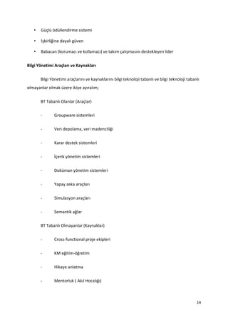 14
• Güçlü ödüllendirme sistemi
• İşbirliğine dayalı güven
• Babacan (korumacı ve kollamacı) ve takım çalışmasını destekleyen lider
Bilgi Yönetimi Araçları ve Kaynakları
Bilgi Yönetimi araçlarını ve kaynaklarını bilgi teknoloji tabanlı ve bilgi teknoloji tabanlı
olmayanlar olmak üzere ikiye ayıralım;
BT Tabanlı Olanlar (Araçlar)
- Groupware sistemleri
- Veri depolama, veri madenciliği
- Karar destek sistemleri
- İçerik yönetim sistemleri
- Doküman yönetim sistemleri
- Yapay zeka araçları
- Simulasyon araçları
- Semantik ağlar
BT Tabanlı Olmayanlar (Kaynaklar)
- Cross-functional proje ekipleri
- KM eğitim-öğretim
- Hikaye anlatma
- Mentorluk ( Akıl Hocalığı)
 