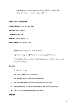 16
hukuk dosyasının yönetiminde daha önceki paylaşımların ve çözümcül
yaklaşımların önemini ortaya koyduğunu söylüyor.
Örnek Vaka: Siemens AG
Faaliyet Alanı:Elektronik ve Mühendislik
Merkez:Munich, Almanya
Çalışan Sayısı: 417.000
Yıllık Satış :77,051 (Milyon US$ )
Piyasa Değeri:66,236 (Milyon US$)
1997’de KM süreci başlamadan önceki durum:
• Bilgi yönetim insiyatifi dağınıktı ve münferit olarak yürütülmekteydi.
• Piyasada büyümekte olan rekabetin baskısı, şirketi daha fazla dinamikleşmeye ve
uzmanlaşmaya itiyordu.
Stratejiler
• Bir bilgi şirketi olmak
• Bilgi üretimi ve paylaşımını genişletmek
• Bilgi güvenliği ve risk yönetiminde uzmanlaşmak
• İzole edilmiş(bireysel) bilgi yönetimi çözümlerinden kaçınmak
• Görünür ve yapısal bir bilgi yönetim sistemi ve bilgi kaynağı oluşturmak
• Takım çalışanlarının mobilizasyonunu sağlamak
Hamleler
 