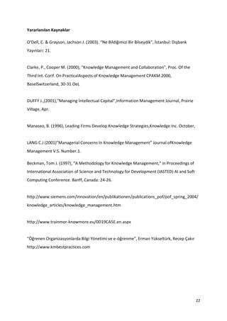 22
Yararlanılan Kaynaklar
O’Dell, C. & Grayson, Jachson J. (2003). “Ne Bildiğimizi Bir Bilseydik”, İstanbul: Dışbank
Yayınları: 21.
Clarke, P., Cooper M. (2000), "Knowledge Management and Collaboration", Proc. Of the
Third Int. Corif. On PracticalAspects of Knowledge Management CPAKM 2000,
BaselSwitzerland, 30-31 OeL
DUFFY J.,(2001),“Managing İntellectual Capital”,Information Management Journal, Prairie
Village, Apr.
Manaseo, B. (1996), Leading Firms Develop Knowledge Strategies,Knowledge Inc. October,
LANG C.J (2001)”Managerial Concerns In Knowledge Management” Journal ofKnowledge
Management V.S. Number.1.
Beckman, Tom J. (1997), “A Methodology for Knowledge Management,” in Proceedings of
International Association of Science and Technology for Development (IASTED) AI and Soft
Computing Conference. Banff, Canada: 24-26.
http://www.siemens.com/innovation/en/publikationen/publications_pof/pof_spring_2004/
knowledge_articles/knowledge_management.htm
http://www.trainmor-knowmore.eu/0D19CA5E.en.aspx
“Öğrenen Organizasyonlarda Bilgi Yönetimi ve e-öğrenme”, Erman Yükseltürk, Recep Çakır
http://www.kmbestpractices.com
 