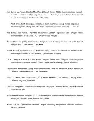 Aida Suraya Md. Yunus, Sharifah Mohd Nor & Habsah Ismail. (1992). Analisis kesilapan masalah-
     masalah berkaitan nombor perpuluhan dan pecahan bagi pelajar Tahun Lima sekolah
     rendah.Jurnal Pendidik dan Pendidikan 12: 15-33.


     Asiah Ismail. 1994. Beberapa pola kesilapan dalam kefahaman konsep nombor perpuluhan
     dalam kalangan murid tingkatan satu. Jurnal Pendidikan Matematik Sains BPG    1:10-13.


Aida Suraya Mad Yunus.        Algoritma Pendaraban Nombor Perpuluhan Dari Persepsi Pelajar
     Tingkatan Satu. ISSN : 0128-7702 : Universiti Putra Malaysia


Baharin Shamsudin (1990). Siri Pendidikan Pengajaran dan Pembelajaran Matematik Untuk Sekolah
     Rendah Buku . Kuala Lumpur : DBP, KPM


Jamil A, Norlia G, Norhashimah S. (11-12 Oktober 2008). Seminar Pendidikan Sains dan Matematik :
     Miskonsepsi Matematik – Satu Refleksi. Open Universiti Malaysia


Lim K.L, Khaw A.H, Seah A.K. satu Kajian Mengenai Bahan Bantu Mengajar Dalam Pengajaran
     Pembelajaran Di Sekolah Rendah. Maktab Perguruan Batu Lintang : Jabatan Matematik


Meor Ibrahim Kamaruddin (2001). Modul Pembelajaran Sains dan Matematik. Fakulti Pendidikan,
     Universiti Teknologi Malaysia. (Tidak diterbitkan)


Mohd Uzi Dollah, Noor Shah Saad .(2012). Modul KRM3013 Asas Nombor. Tanjung Malim :
     Universiti Perguruan Sultan Idris


Mok Soon Sang (1993). Siri Pendidikan Perguruan : Pengajian Matematik. Kuala Lumpur : Kumpulan
     Budiman Sdn Bhd.


Pusat Perkembangan Kurikulum (2000). Sukatan Pelajaran Matematik Kurikulum Bersepadu Sekolah
     Menengah. Selangor: Dewan Bahasa dan Pustaka.


Roslina Radzali. Kepercayaan Matematik Pelajar Berhubung Penyelesaian Masalah Matematik.
     Jabatan Matematik
 