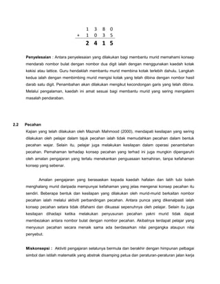 1   3    8   0
                                  +    1   0    3   5
                                       2 4 1 5

      Penyelesaian : Antara penyelesaian yang dilakukan bagi membantu murid memahami konsep
      mendarab nombor bulat dengan nombor dua digit ialah dengan menggunakan kaedah kotak
      kekisi atau lattice. Guru hendaklah membantu murid membina kotak terlebih dahulu. Langkah
      kedua ialah dengan membimbing murid mengisi kotak yang telah dibina dengan nombor hasil
      darab satu digit. Penambahan akan dilakukan mengikut kecondongan garis yang telah dibina.
      Melalui pengalaman, kaedah ini amat sesuai bagi membantu murid yang sering mengalami
      masalah pendaraban.




2.2   Pecahan
      Kajian yang telah dilakukan oleh Maznah Mahmood (2000), mendapati kesilapan yang sering
      dilakukan oleh pelajar dalam tajuk pecahan ialah tidak memudahkan pecahan dalam bentuk
      pecahan wajar. Selain itu, pelajar juga melakukan kesilapan dalam operasi penambahan
      pecahan. Pemahaman terhadap konsep pecahan yang terhad ini juga mungkin dipengaruhi
      oleh amalan pengajaran yang terlalu menekankan penguasaan kemahiran, tanpa kefahaman
      konsep yang sebenar.


             Amalan pengajaran yang berasaskan kepada kaedah hafalan dan latih tubi boleh
      menghalang murid daripada mempunyai kefahaman yang jelas mengenai konsep pecahan itu
      sendiri. Beberapa bentuk dan kesilapan yang dilakukan oleh murid-murid berkaitan nombor
      pecahan ialah melalui aktiviti perbandingan pecahan. Antara punca yang dikenalpasti ialah
      konsep pecahan setara tidak difahami dan dikuasai sepenuhnya oleh pelajar. Selain itu juga
      kesilapan dihadapi ketika melakukan penyusunan pecahan yakni murid tidak dapat
      membezakan antara nombor bulat dengan nombor pecahan. Akibatnya terdapat pelajar yang
      menyusun pecahan secara menaik sama ada berdasarkan nilai pengangka ataupun nilai
      penyebut.


      Miskonsepsi : Aktiviti pengajaran selalunya bermula dan berakhir dengan himpunan pelbagai
      simbol dan istilah matematik yang abstrak disamping petua dan peraturan-peraturan jalan kerja
 