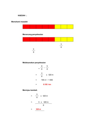 KAEDAH ;


Memahami masalah




           Merancang penyelesaian




                                                          3
                                                          8
                        5
                        8




           Melaksanakan penyelesaian

                                    8           5
                                            -
                                =   8           8

                                    3
                            =                   x 520 m
                                    8

                            =       195 m ÷ 1 000

                            =           0.195 km


           Meninjau kembali.

                            5
                    =               x 520 m
                            8

                    =           5 x     520 m
                                        8

                    =       325 m
 