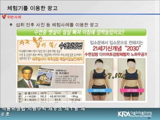  섭취 전후 사진 등 체험사례를 이용한 광고
31
식품위생법 시행규칙 제식품위생법 시행규칙 제 88 조 제조 제 11 항 제항 제
66 호호
체험기를 이용한 광고체험기를 이용한 광고
위반사례
 