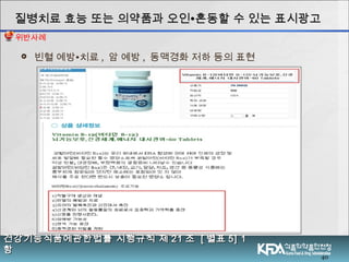 40
 빈혈 예방∙치료 , 암 예방 , 동맥경화 저하 등의 표현
질병치료 효능 또는 의약품과 오인질병치료 효능 또는 의약품과 오인∙∙혼동할 수 있는 표시광고혼동할 수 있는 표시광고
건강기능식품에관한법률 시행규칙 제건강기능식품에관한법률 시행규칙 제 2121 조조 [[ 별표별표 5] 15] 1
항항
위반사례
 
