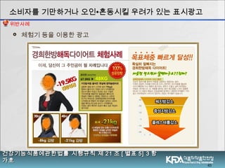 45
소비자를 기만하거나 오인소비자를 기만하거나 오인∙∙혼동시킬 우려가 있는 표시광고혼동시킬 우려가 있는 표시광고
 체험기 등을 이용한 광고
건강기능식품에관한법률 시행규칙 제건강기능식품에관한법률 시행규칙 제 2121 조조 [[ 별표별표 5] 35] 3 항항
가호가호
위반사례
 
