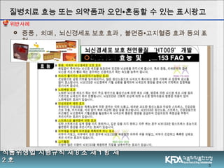  중풍 , 치매 , 뇌신경세포 보호 효과 , 불면증∙고지혈증 효과 등의 표
현
질병치료 효능 또는 의약품과 오인질병치료 효능 또는 의약품과 오인∙∙혼동할 수 있는 표시광고혼동할 수 있는 표시광고
5
식품위생법 시행규칙 제식품위생법 시행규칙 제 88 조 제조 제 11 항 제항 제
22 호호
위반사례
 
