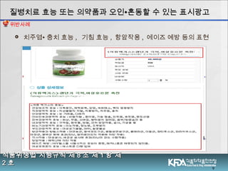  치주염∙ 충치 효능 , 기침 효능 , 항암작용 , 에이즈 예방 등의 표현
9
식품위생법 시행규칙 제식품위생법 시행규칙 제 88 조 제조 제 11 항 제항 제
22 호호
질병치료 효능 또는 의약품과 오인질병치료 효능 또는 의약품과 오인∙∙혼동할 수 있는 표시광고혼동할 수 있는 표시광고
위반사례
 