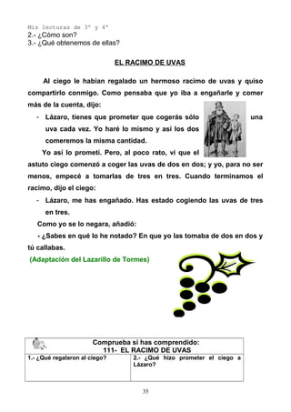 Mis lecturas de 3º y 4º
2.- ¿Cómo son?
3.- ¿Qué obtenemos de ellas?
EL RACIMO DE UVAS
Al ciego le habían regalado un hermoso racimo de uvas y quiso
compartirlo conmigo. Como pensaba que yo iba a engañarle y comer
más de la cuenta, dijo:
- Lázaro, tienes que prometer que cogerás sólo una
uva cada vez. Yo haré lo mismo y así los dos
comeremos la misma cantidad.
Yo así lo prometí. Pero, al poco rato, vi que el
astuto ciego comenzó a coger las uvas de dos en dos; y yo, para no ser
menos, empecé a tomarlas de tres en tres. Cuando terminamos el
racimo, dijo el ciego:
- Lázaro, me has engañado. Has estado cogiendo las uvas de tres
en tres.
Como yo se lo negara, añadió:
- ¿Sabes en qué lo he notado? En que yo las tomaba de dos en dos y
tú callabas.
(Adaptación del Lazarillo de Tormes)
Comprueba si has comprendido:
111- EL RACIMO DE UVAS
1.- ¿Qué regalaron al ciego? 2.- ¿Qué hizo prometer el ciego a
Lázaro?
35
 