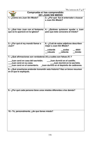 “Mis Lecturas de 5º y 6º “
156
Comprueba si has comprendido:
261-JUAN SIN MIEDO
1.- ¿Cómo era Juan Sin Miedo? 2.- ¿Por qué fue el enterrador a buscar
a Juan Sin Miedo?
3.- ¿Qué hizo Juan con el fantasma
que se le apareció en la iglesia?
4.- ¿Quiénes quisieron ayudar a Juan
para que éste conociera el miedo?
5.- ¿Por qué el rey mandó llamar a
Juan?
6.- ¿Cuál de estos adjetivos describen
mejor a Juan Sin Miedo?
__cobarde __audaz __ débil
__robusto __valiente __tímido
7.- ¿Qué afirmaciones son verdaderas (V) y cuáles son falsas (F) ?
___Juan cenó en casa del sacristán. ___Juan durmió en el castillo.
___Juan cenó en su casa. ___Juan durmió en la sacristía.
___Juan cenó en el cementerio. _Juan durmió en el depósito de cadáveres.
8.- ¿Qué enseñanza pretende transmitir esta historia? Haz un breve resumen
en el que lo expliques.
9.- ¿Por qué cada persona tiene unos miedos diferentes a los demás?
10.- Tú, personalmente, ¿de que tienes miedo?
 
