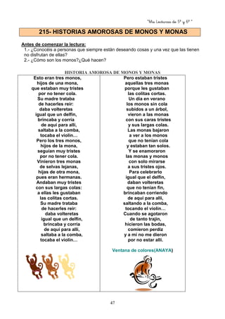 “Mis Lecturas de 5º y 6º “
47
Antes de comenzar la lectura:
1.- ¿Conocéis a personas que siempre están deseando cosas y una vez que las tienen
no disfrutan de ellas?
2.- ¿Cómo son los monos?¿Qué hacen?
HISTORIA AMOROSA DE MONOS Y MONAS
Esto eran tres monos,
hijos de una mona,
que estaban muy tristes
por no tener cola.
Su madre trataba
de hacerles reír:
daba volteretas
igual que un delfín,
brincaba y corría
de aquí para allí,
saltaba a la comba,
tocaba el violín…
Pero los tres monos,
hijos de la mona,
seguían muy tristes
por no tener cola.
Vinieron tres monas
de selvas lejanas,
hijas de otra mona,
pues eran hermanas.
Andaban muy tristes
con sus largas colas:
a ellas les gustaban
las colitas cortas.
Su madre trataba
de hacerles reír:
daba volteretas
igual que un delfín,
brincaba y corría
de aquí para allí,
saltaba a la comba,
tocaba el violín…
Pero estaban tristes
aquellas tres monas
porque les gustaban
las colitas cortas.
Un día en verano
los monos sin cola
subidos a un árbol,
vieron a las monas
con sus caras tristes
y sus largas colas.
Las monas bajaron
a ver a los monos
que no tenían cola
y estaban tan solos.
Y se enamoraron
las monas y monos
con solo mirarse
a sus tristes ojos.
Para celebrarlo
igual que el delfín,
daban volteretas
que no tenían fin,
brincaban corriendo
de aquí para allí,
saltando a la comba,
tocando el violín…
Cuando se agotaron
de tanto trajín,
hicieron las bodas,
comieron perdiz
y a mí no me dieron
por no estar allí.
Ventana de colores(ANAYA)
215- HISTORIAS AMOROSAS DE MONOS Y MONAS
 