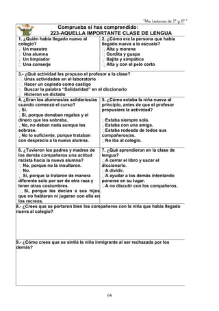 “Mis Lecturas de 5º y 6º “
64
Comprueba si has comprendido:
223-AQUELLA IMPORTANTE CLASE DE LENGUA
1. ¿Quién había llegado nuevo al
colegio?
 Un maestro
 Una alumna
 Un limpiador
 Una conserje
2. ¿Cómo era la persona que había
llegado nueva a la escuela?
Alta y morena
Gordita y guapa
 Bajita y simpática
Alta y con el pelo corto
3.- ¿Qué actividad les propuso el profesor a la clase?
Unas actividades en el laboratorio
Hacer un copiado como castigo
 Buscar la palabra “Solidaridad” en el diccionario
 Hicieron un dictado
4. ¿Eran los alumnos/as solidarios/as
cuando comenzó el curso?
Sí.
Sí, porque donaban regalos y el
dinero que les sobraba.
No, no daban nada aunque les
sobrase.
No lo suficiente, porque trataban
con desprecio a la nueva alumna.
5. ¿Cómo estaba la niña nueva al
principio, antes de que el profesor
propusiera la actividad?
Estaba siempre sola.
Estaba con una amiga.
Estaba rodeada de todos sus
compañeros/as.
No iba al colegio.
6. ¿Tuvieron los padres y madres de
los demás compañeros una actitud
racista hacía la nueva alumna?
No, porque no la insultaron.
No.
 Sí, porque la trataron de manera
diferente solo por ser de otra raza y
tener otras costumbres.
Sí, porque les decían a sus hijos
que no hablaran ni jugaran con ella en
los recreos.
7. ¿Qué aprendieron en la clase de
lengua?
A cerrar el libro y sacar el
diccionario.
A dividir.
A ayudar a los demás intentando
ponerse en su lugar.
A no discutir con los compañeros.
8.- ¿Crees que se portaron bien los compañeros con la niña que había llegado
nueva al colegio?
9.- ¿Cómo crees que se sintió la niña inmigrante al ser rechazada por los
demás?
 