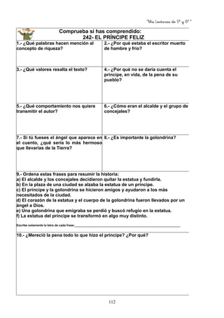 “Mis Lecturas de 5º y 6º “
112
Comprueba si has comprendido:
242- EL PRÍNCIPE FELIZ
1.- ¿Qué palabras hacen mención al
concepto de riqueza?
2.- ¿Por qué estaba el escritor muerto
de hambre y frío?
3.- ¿Qué valores resalta el texto? 4.- ¿Por qué no se daría cuenta el
príncipe, en vida, de la pena de su
pueblo?
5.- ¿Qué comportamiento nos quiere
transmitir el autor?
6.- ¿Cómo eran el alcalde y el grupo de
concejales?
7.- Si tú fueses el ángel que aparece en
el cuento, ¿qué sería lo más hermoso
que llevarías de la Tierra?
8.- ¿Es importante la golondrina?
9.- Ordena estas frases para resumir la historia:
a) El alcalde y los concejales decidieron quitar la estatua y fundirla.
b) En la plaza de una ciudad se alzaba la estatua de un príncipe.
c) El príncipe y la golondrina se hicieron amigos y ayudaron a los más
necesitados de la ciudad.
d) El corazón de la estatua y el cuerpo de la golondrina fueron llevados por un
ángel a Dios.
e) Una golondrina que emigraba se perdió y buscó refugio en la estatua.
f) La estatua del príncipe se transformó en algo muy distinto.
Escribe solamente la letra de cada frase:_______________________________________________________________
10.- ¿Mereció la pena todo lo que hizo el príncipe? ¿Por qué?
 