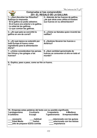 “Mis Lecturas de 5º y 6º “
132
Comprueba si has comprendido:
251- EL REGALO DE LA GALLINA
1.- ¿Qué discutían los filósofos?
Subraya la respuesta.
· Si la gallina se podía adiestrar.
· Si el huevo era anterior a la gallina.
· La edad de las gallinas.
· Lo que comían las gallinas.
2.- Además de los huevos de gallina,
¿de qué otras aves utiliza el hombre
sus huevos en su alimentación?
3.- ¿En qué país se convirtió la
gallina en ave de corral?
4.- ¿Cómo se llamaba quien inventó las
natillas?
5.- ¿En qué época se extendió por
toda Europa el huevo como
ingrediente para la alimentación
diaria?
6. ¿Quiénes llevaron los huevos a
América?
7. -¿Cómo consideraban los persas,
los chinos y los griegos a los
huevos?
8. ¿Qué cantidad aproximada de
huevos se consumen al año en todo el
mundo?
9.- Explica, paso a paso, como se fríe un huevo.
1º.-
10.- Empareja estas palabras del texto con su posible significado.
1-protagonismo 2-culinario 3-repostería 4-Medievo
5-cotidiano 6-cuajó 7-gastronomía 8-imprescindible
____necesario ____habitual ____relacionado con los guisos
____Edad Media ____realizó ____relacionado con los dulces
____arte de preparar buena comida ____ importancia
 