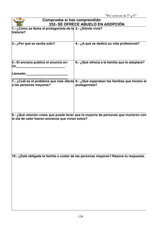 “Mis Lecturas de 5º y 6º “
134
Comprueba si has comprendido:
252- SE OFRECE ABUELO EN ADOPCIÓN
1.- ¿Cómo se llama el protagonista de la
historia?
2.- ¿Dónde vivía?
3.- ¿Por qué se sentía solo? 4.- ¿A qué se dedicó su vida profesional?
5.- El anciano publicó el anuncio en:
Un___________________________
Llamado:_______________________
_______________________________
6.- ¿Qué ofrecía a la familia que lo adoptara?
7.- ¿Cuál es el problema que más afecta
a las personas mayores?
8.- ¿Qué esperaban las familias que hiciera el
protagonista?
9.- ¿Qué relación crees que puede tener que la mayoría de personas que murieron con
la ola de calor fueran ancianos que vivían solos?
10.- ¿Está obligada la familia a cuidar de las personas mayores? Razona tu respuesta.
 