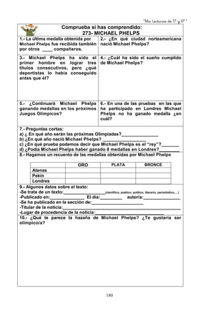 “Mis Lecturas de 5º y 6º “
180
Comprueba si has comprendido:
273- MICHAEL PHELPS
1.- La última medalla obtenida por
Michael Phelps fue recibida también
por otros ____ compañeros.
2.- ¿En qué ciudad norteamericana
nació Michael Phelps?
3.- Michael Phelps ha sido el
primer hombre en lograr tres
títulos consecutivos, pero ¿qué
deportistas lo había conseguido
antes que él?
4.- ¿Cuál ha sido el sueño cumplido
de Michael Phelps?
5.- ¿Continuará Michael Phelps
ganando medallas en los próximos
Juegos Olímpicos?
6.- En una de las pruebas en las que
ha participado en Londres Michael
Phelps no ha ganado medalla ¿en
cuál?
7.- Preguntas cortas:
a) ¿ En qué año serán las próximas Olimpiadas?_______________
b) ¿En qué año nació Michael Phelps? _________________
c) ¿En qué prueba podemos decir que Michael Phelps es el “rey”?_______
d) ¿Podía Michael Phelps haber ganado 8 medallas en Londres?________
8.- Hagamos un recuento de las medallas obtenidas por Michael Phelps
ORO PLATA BRONCE
Atenas
Pekín
Londres
9.- Algunos datos sobre el texto:
-Se trata de un texto:_________________(científico, poético, político, literario, periodístico,…)
-Publicado en:______________ El día:_________ autor/a:_______________
-Se ha publicado en la sección de:_____________________
-Titular de la noticia:________________________________________________
-Lugar de procedencia de la noticia:____________________________
10.- ¿Qué te parece la hazaña de Michael Phelps? ¿Te gustaría ser
olímpico/a?
 