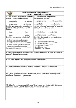 “Mis Lecturas de 5º y 6º “
38
Comprueba si has comprendido:
210-Y COLORÍN COLORADO
1.- ¿En la clase de quién se contó el
cuento? Marca con X lo correcto
___ de Antonio ___ de Manuel
___de Manuela. ___ de Colorín
2.- ¿Quién visitó los pueblos?
Marca con X lo correcto
___Un peregrino ___Un sacerdote
___Un fraile ___Un monje
3.- ¿En qué país están ubicados los
pueblos del cuento? Marca con X lo
correcto
___Chile ___Perú
___Japón ___China
4.- Las palabras “generoso” y “egoísta”
son: (Marca con X lo correcto)
___Sustantivos ___Adjetivos
___Pronombres ___Verbos.
5.- ¿Qué nos enseña este texto?
a).-Que hay que ayudarse para
conseguir objetivos comunes.____
b).-Que siendo egoísta se pueden
conseguir objetivos comunes.____
Marca con X lo correcto
6.- ¿Qué dos palabras son sinónimas
de generoso?
a).- Desinteresado, altruista. ___
b).-Tacaño, egoísta. ____
C.-Hermoso, bonito. ____
d).-.Género, oso. ____
Marca con X lo correcto
7 .- Aproximadamente, ¿qué hora era cuando la señorita terminó de contar el
cuento? Razona la respuesta
8 .- ¿Cómo le gusta a la maestra terminar los cuentos?
9.- ¿Les gustó a los niños de la clase el cuento? Razona tu respuesta
10.- ¿Con quién estás tú más de acuerdo, con la actitud del primer pueblo o
con la del segundo? ¿Por qué?
11.- El único egoísmo aceptable es el de procurar que todos estén bien para
estar uno mejor. (Jacinto Benavente). Comenta esta frase.
 